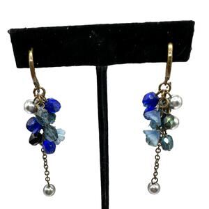 Vintage Blue And Silver Dangle Earrings Hinged Clasp